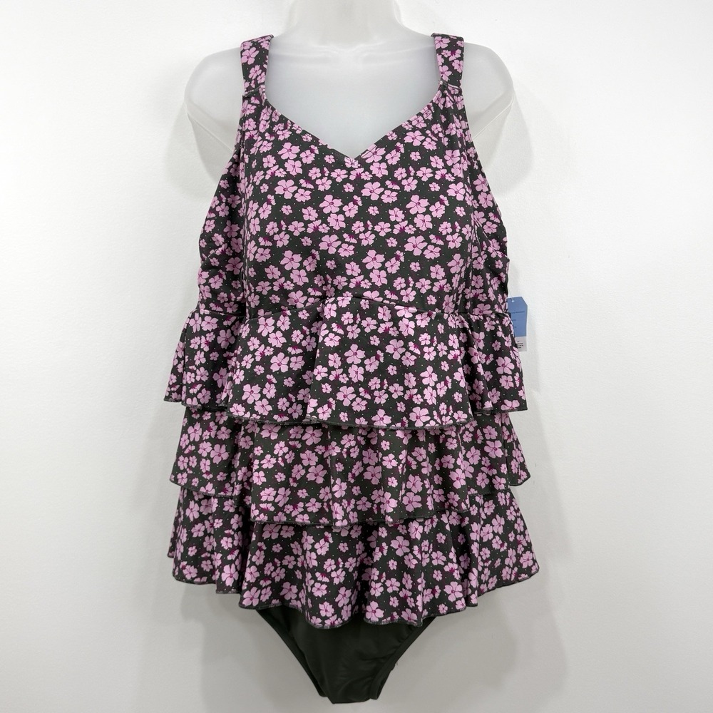 Lands End Ruffle Fauxkini One Piece Swimsuit 22W NWT Tiered Slimming Modest